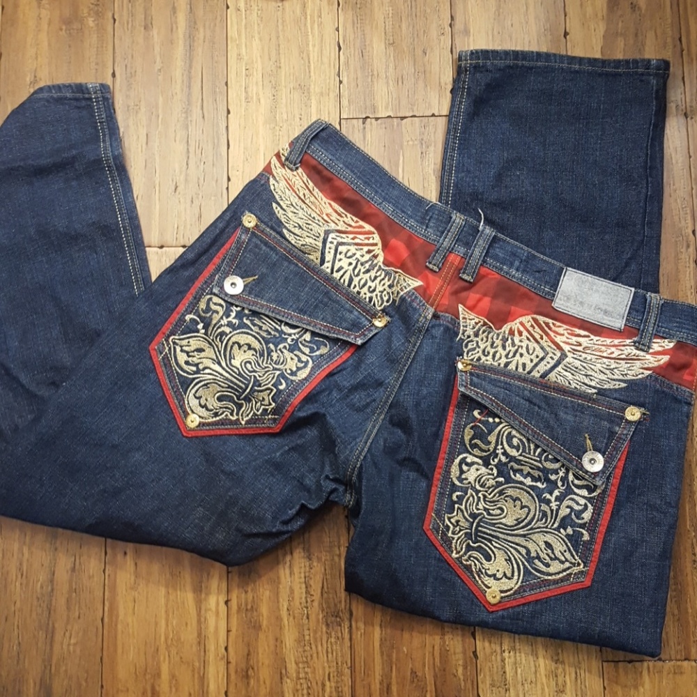 Blue gold and red denim jeans